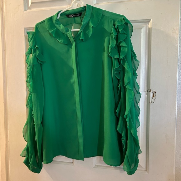 Zara Tops - ZARA Emerald Green Ruffle-Sleeve Sheer Blouse